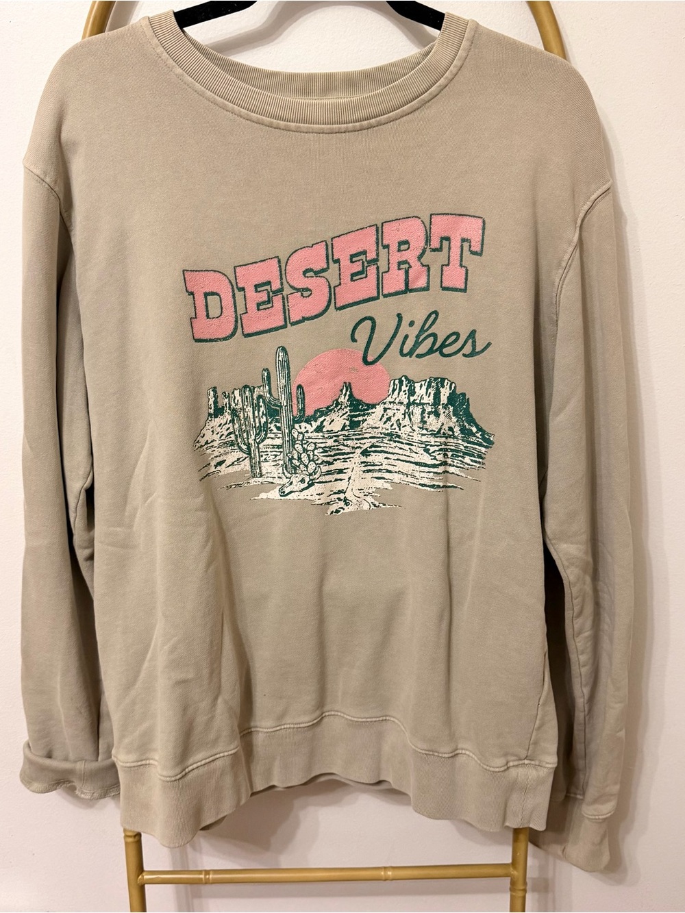Desert Vibes Crewneck Sweatshirt - Taupe with Pink & Green Graphic